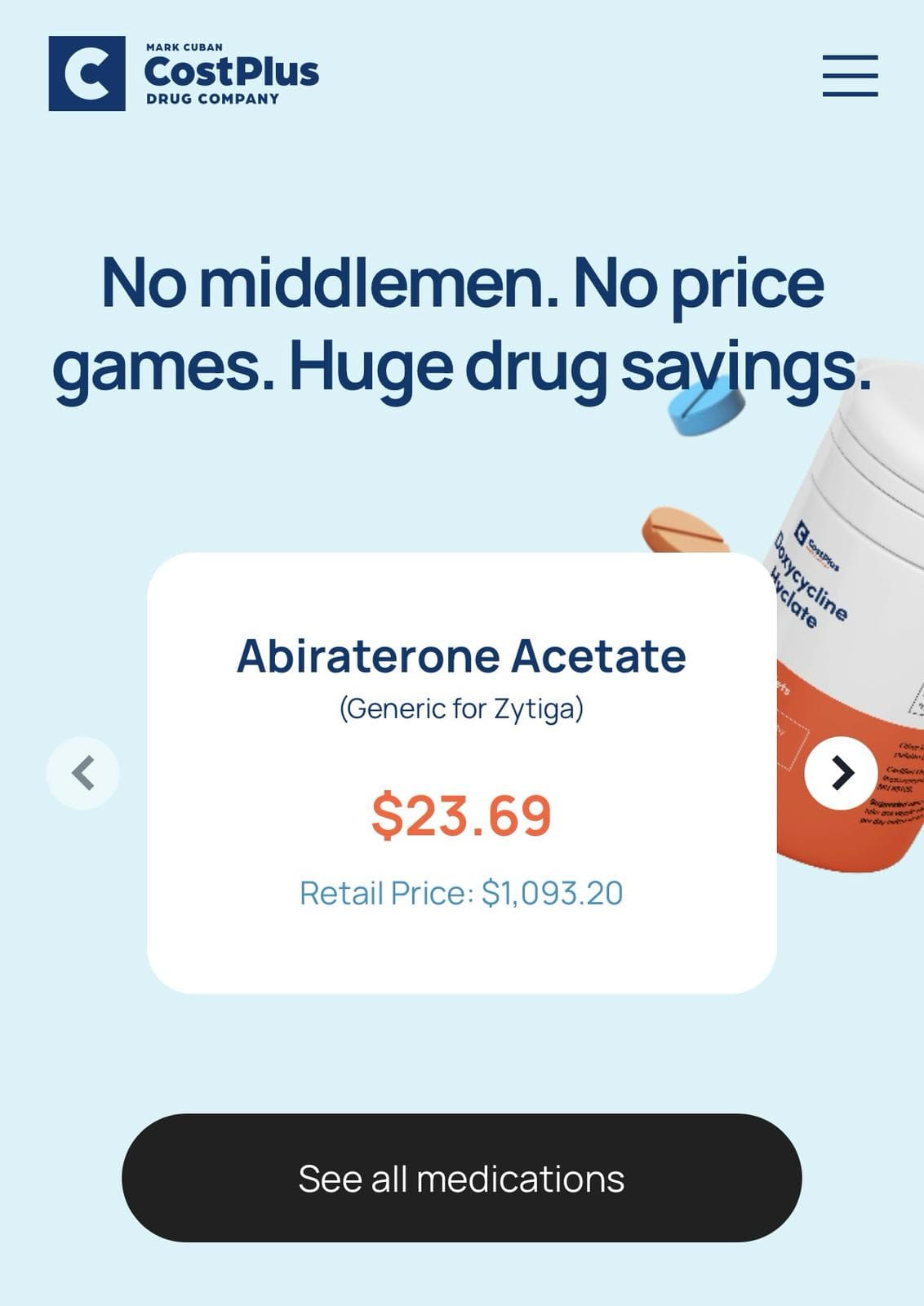 Cost Plus Drugs Homepage on Mobile