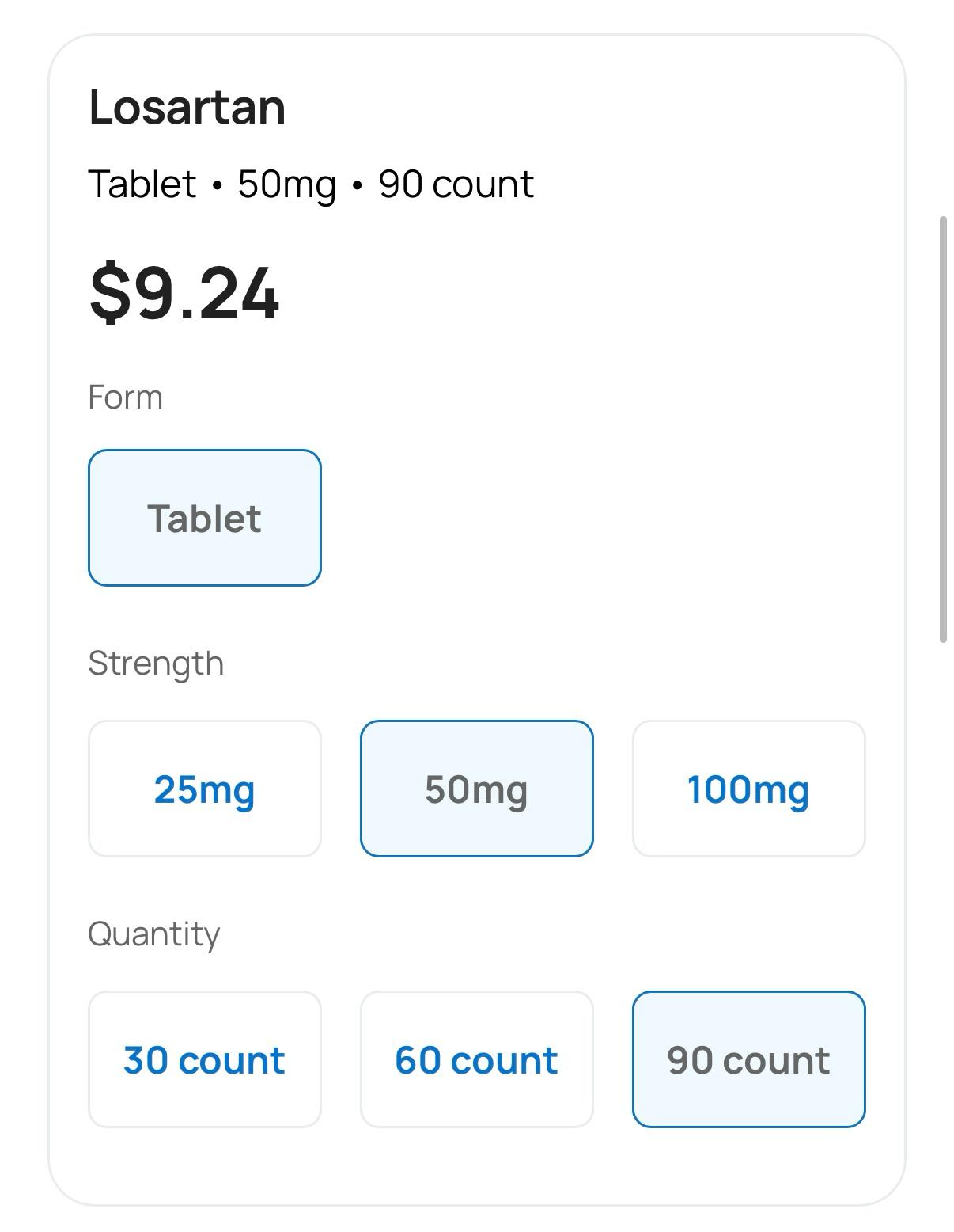 Losartan pricing on Cost Plus Drugs